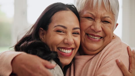 smile, hug and face of woman with senior mother