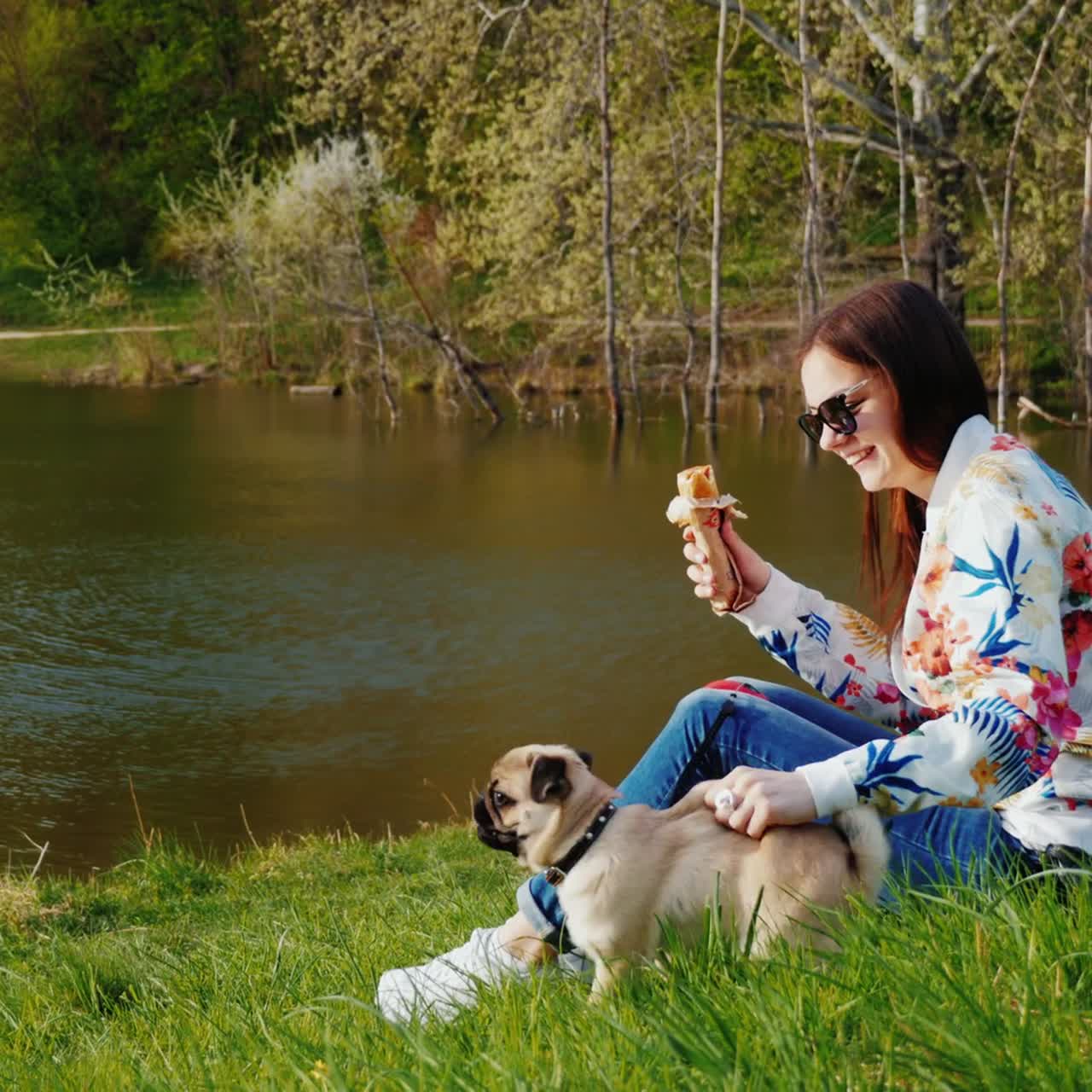 Hvil i parken med en hund og spiser en hotdog på farten 1