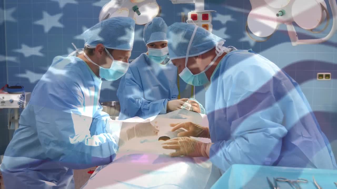 수술실 에서 외과 의사 들 위 에 흔들리는 미국 국기 의 애니메이션