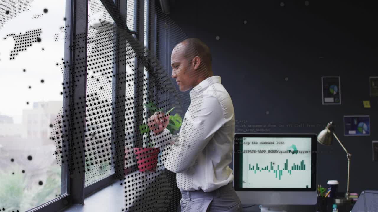 Businessman reviewing chart, straightening and tending pots while map overlay tracking data