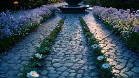 sunlight illuminating a stone path leads to a fountain, surrounded by vibrant flowers and neatly trimmed hedges