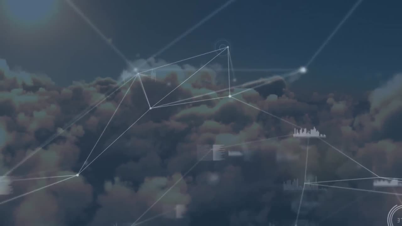 Animation of network of connections with statistics recording over clouds in background