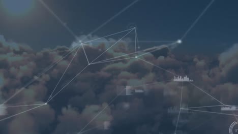 Animation-Des-Verbindungsnetzes-Mit-Statistikaufzeichnung-über-Wolken-Im-Hintergrund