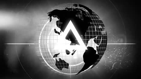triangolo bianco pulsante con cerchio bianco contro il globo terrestre in rotazione