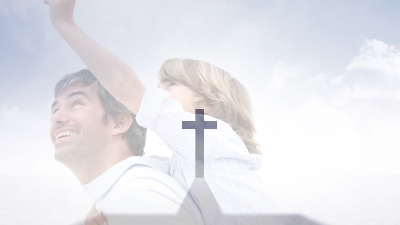 아버지와 그의 아들을 가로지르는 기독교 십자가의 애니메이션