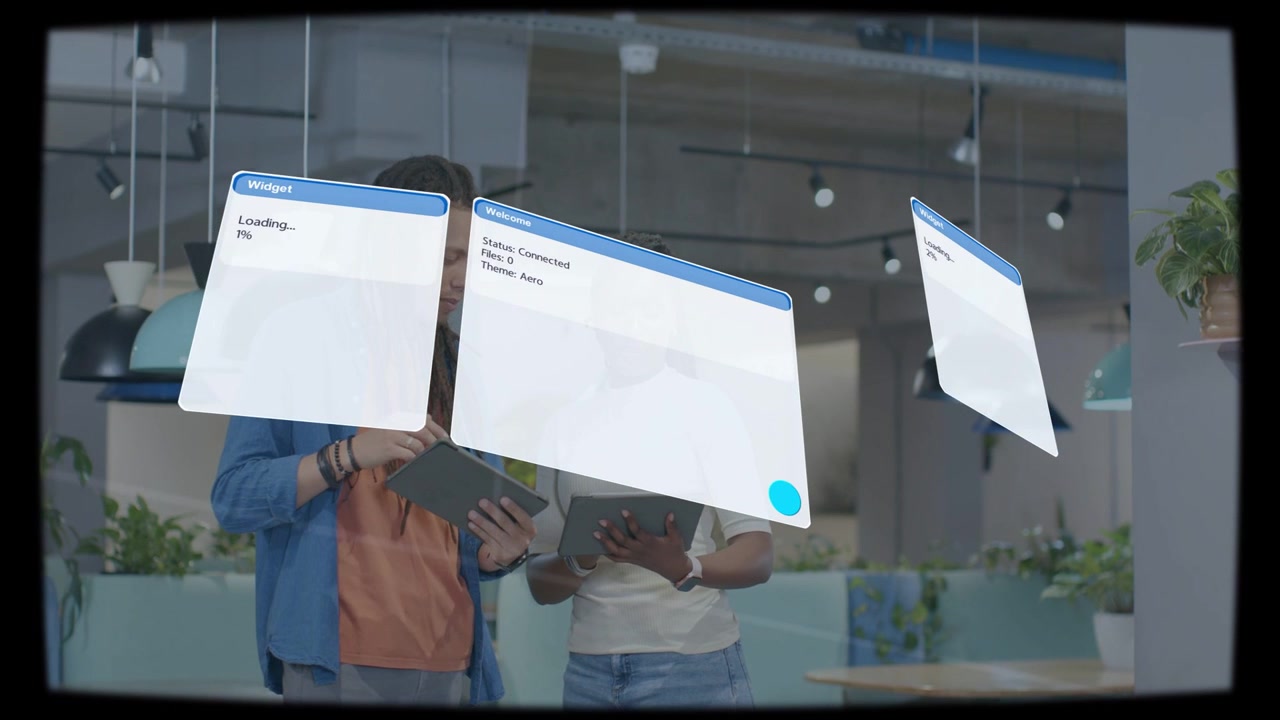 Vertical video: Tilting tablet, team in casual attire working, tapping devices in office, AR panels