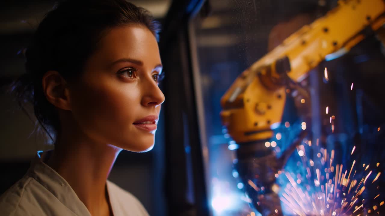 A focused engineer observes a robotic arm performing welding, creating a stunning display of sparks in a modern workshop, blending technology and craftsmanship in a visually striking scene