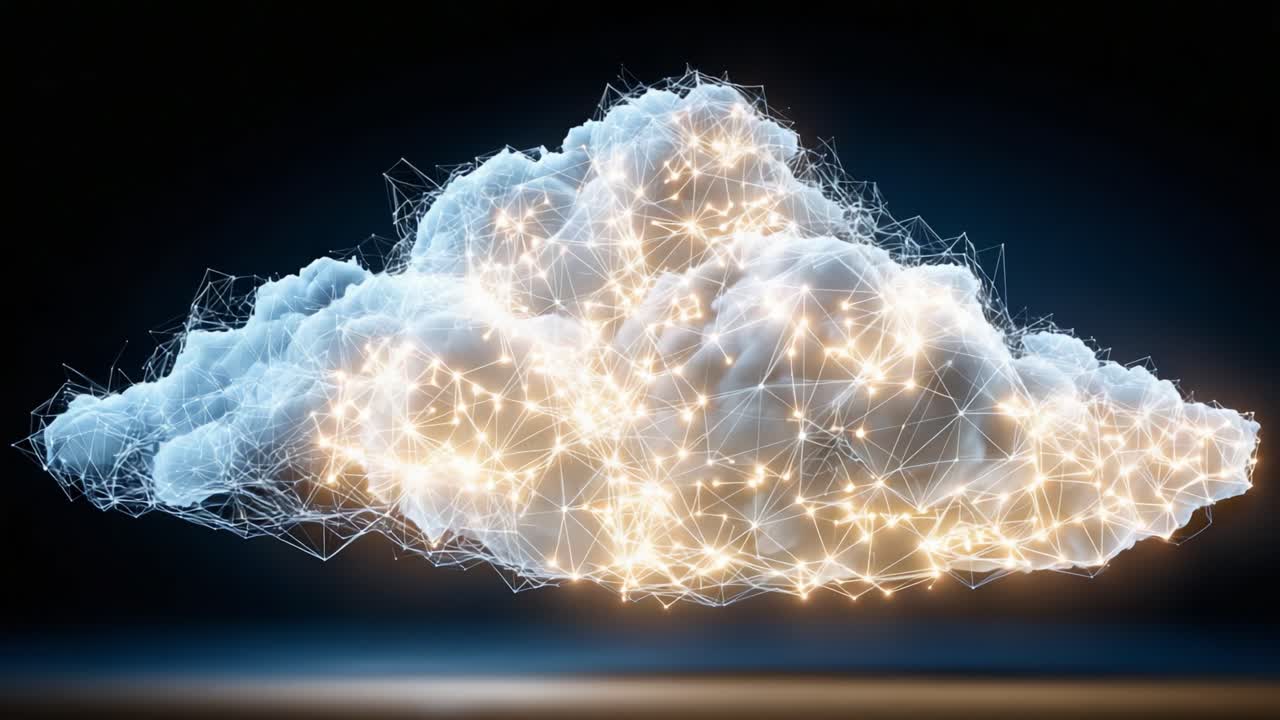 A Stunningly Rendered Cloud Formation Composed of Intricate Geometric Shapes and Illuminated Connections in a Digital Landscape