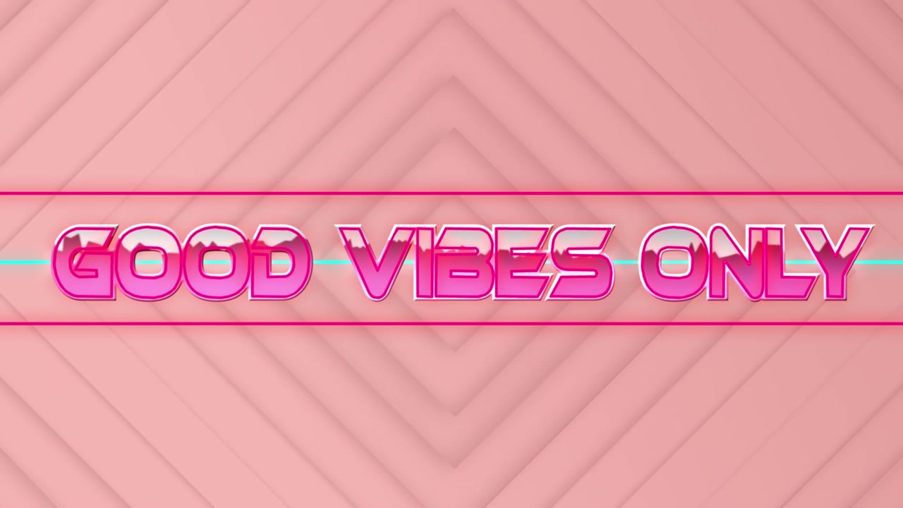 Animasjon av teksten 'good vibes only' i rosa metallisk over neonlinjer på rosa diamantformer.