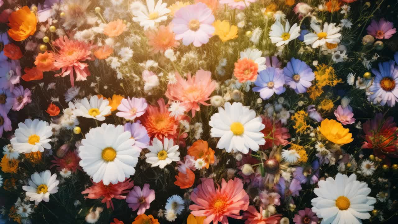 Top-down view of a vibrant wildflower meadow, showcasing a colorful mix of daisies and blooms