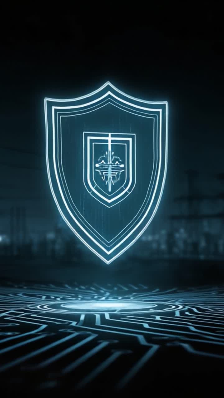 A captivating digital visualization of a glowing shield symbolizing security and protection in a high-tech environment, standing out amidst a futuristic backdrop of circuitry and energy