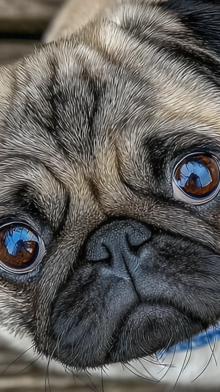 Close-Up Adorável do Rosto de um Pug, Capturando as Expressões e Características Desta Raça Encantadora com Seus Grandes Olhos Castanhos e Padrões de Pelo Únicos