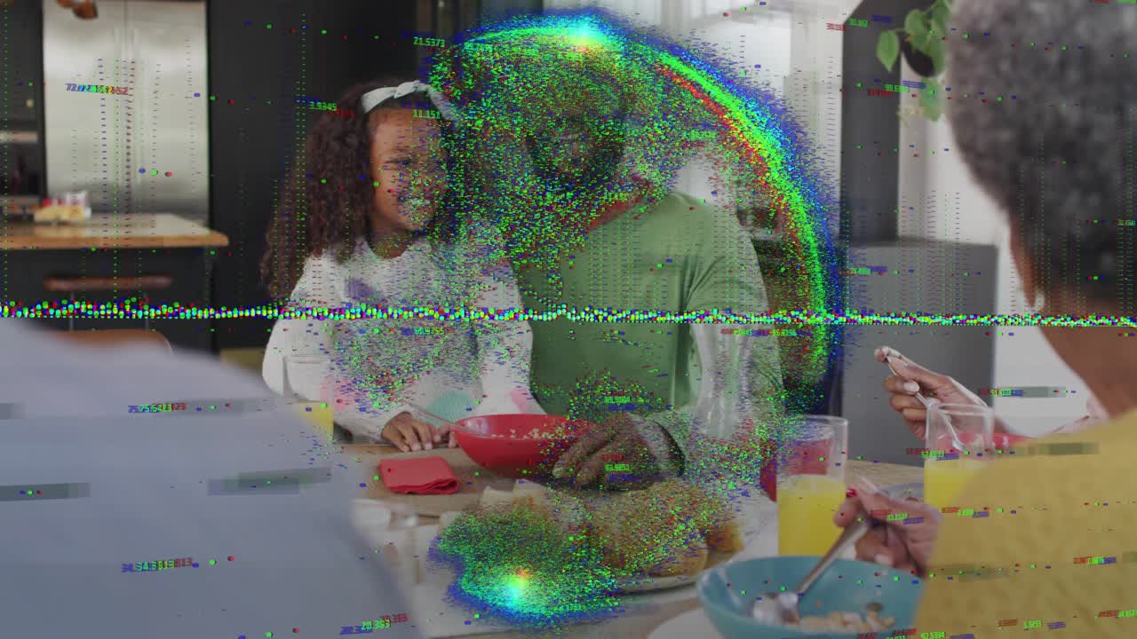 Child offering spoon, man accepting while family bonding over breakfast jug and glitch overlaying