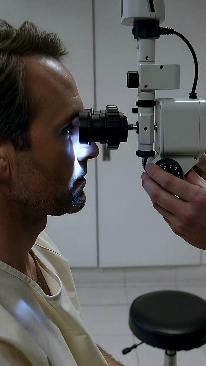 Vertical video: Man placing head at scope in gown at clinic clinician adjusting slitlamp for exam