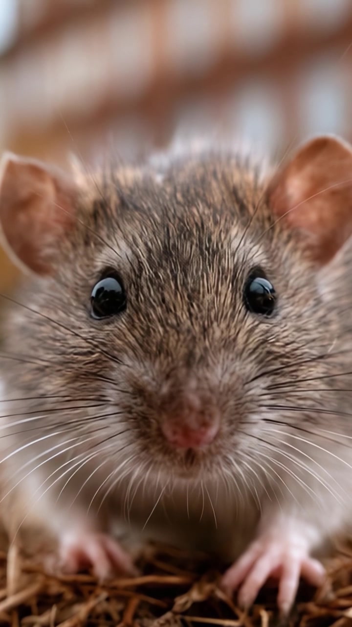 Primo piano di un roditore curioso: momenti accattivanti di un topo che esplora il suo ambiente, evidenziandone le caratteristiche e gli occhi espressivi.