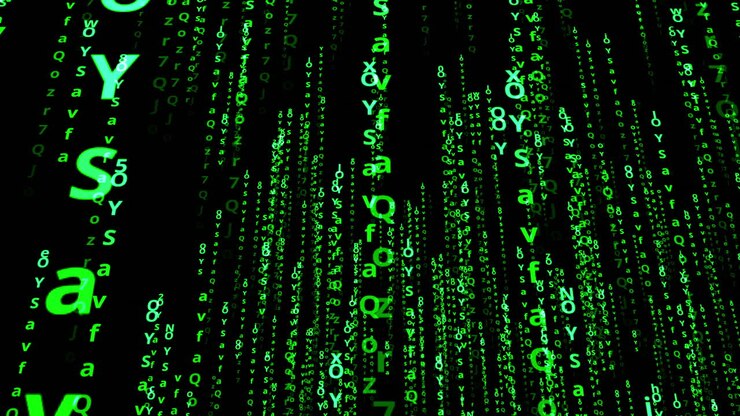 Kode og alfabet flyder gennem et teknologisk rum.