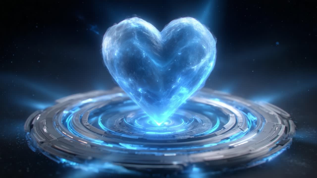 An enchanting visual representation of a shimmering heart made of ethereal blue light, pulsating within a futuristic circular base, symbolizing love and connection in a digital realm