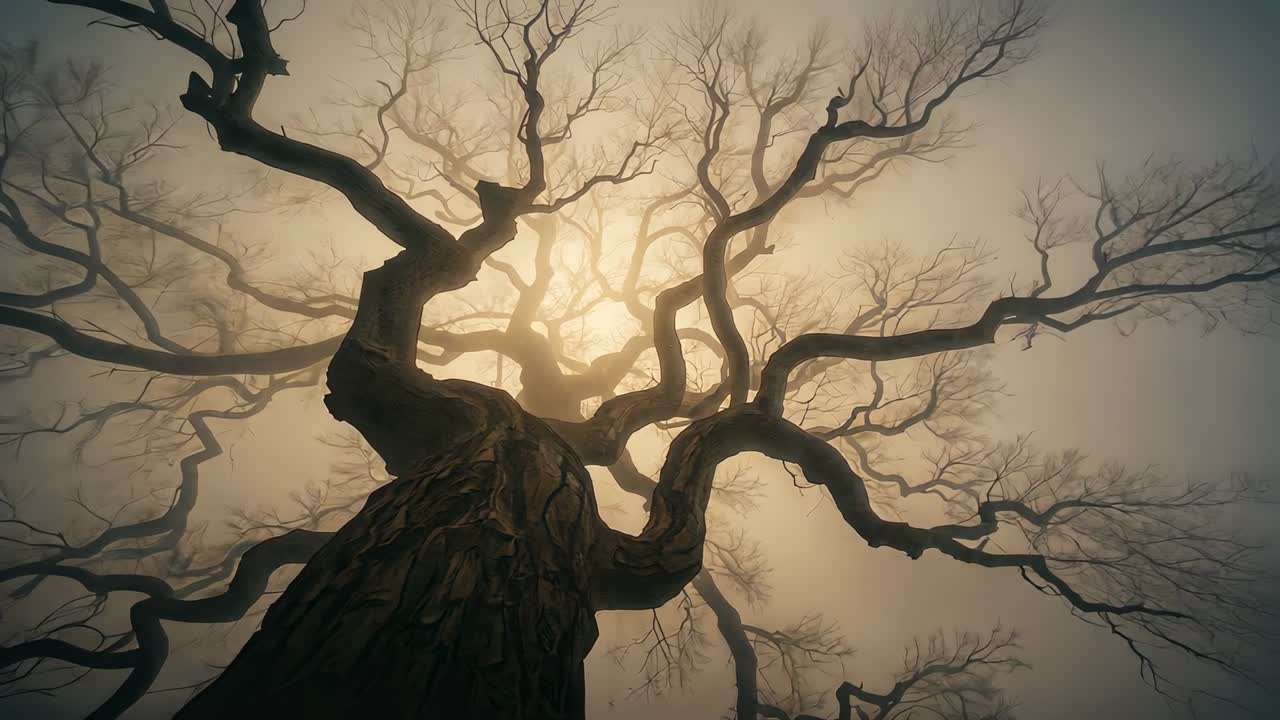 Tilting camera revealing bare deciduous tree trunk and gnarled branches at foggy clearing, sun halo