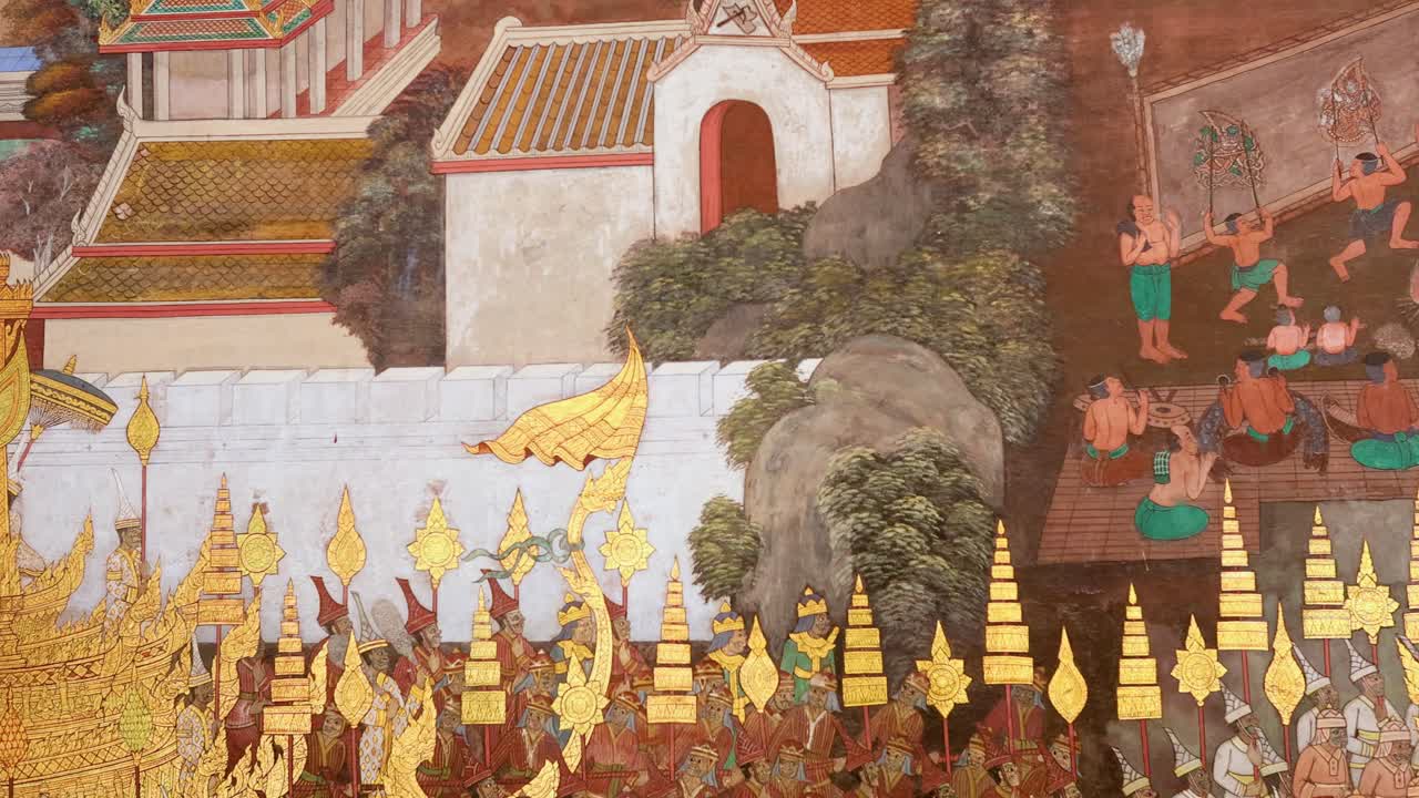 전통적인 태국 장면을 묘사하는 상세한 벽화