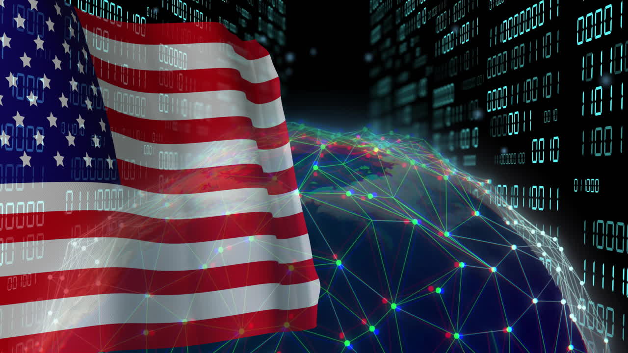 USA flag waving over digital network and binary code animation