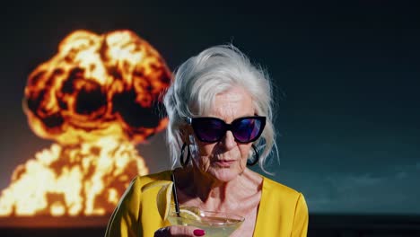 elegant senior woman wearing sunglasses enjoys a refreshing cocktail with a lemon slice, seemingly unfazed by the large, dramatic explosion painting hanging behind her