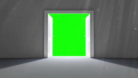 Door opening to green screen 