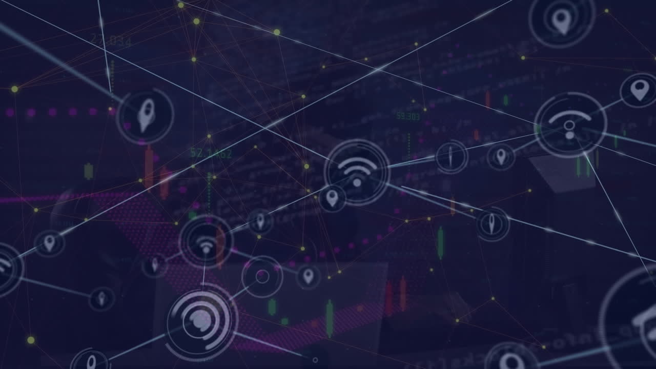 Animation of network of connections with icons and data processing over caucasian hacker