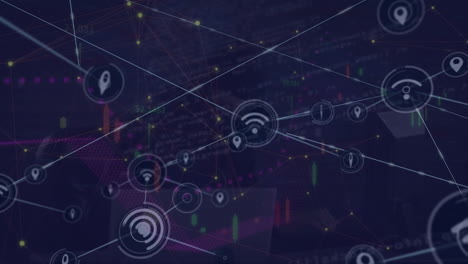 animation of network of connections with icons and data processing over caucasian hacker