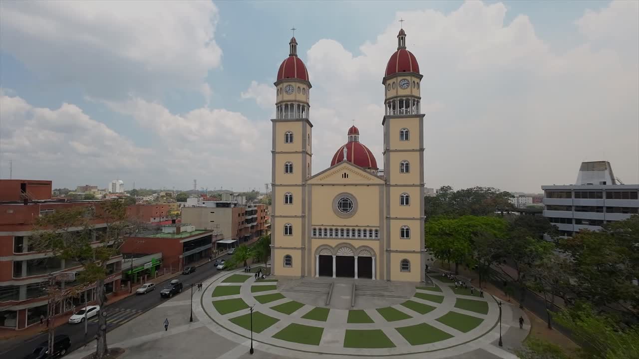 Drone view of Maturin's Cathedral with tall towers and stunning design
