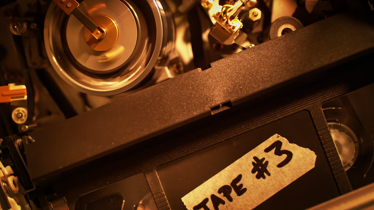 Playing a Labeled Video Cassette in a Video Player without the Top Cover - Top View of the Device Mechanism, 90s Vibe