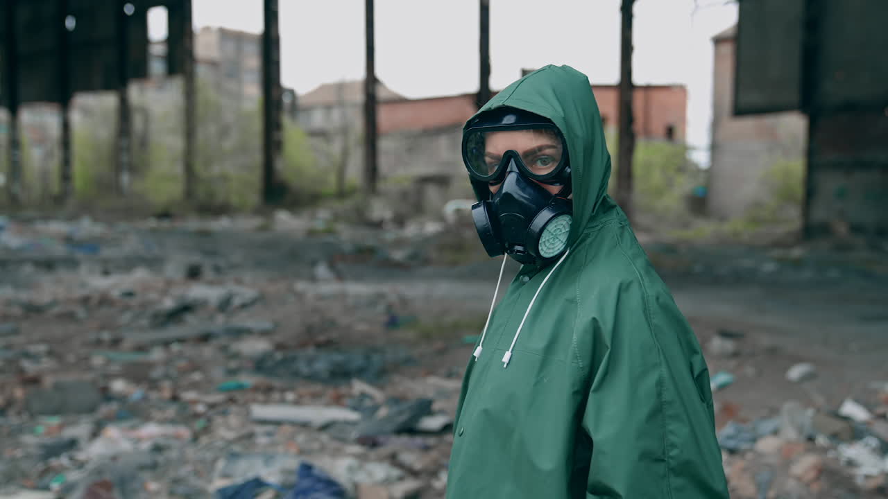 Survivor in radioactive zone. Frightened woman in protective suit and gas mask standing in abandoned place and looks on camera. Technogenic catastrophe.