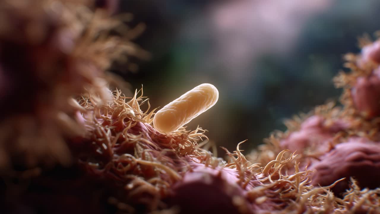 Close-Up View of Bacteria on Cellular Structure, Showcasing Microbial Life Interacting with Host Cells in a Complex Environment Under Microscope Imagery