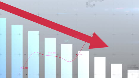 animación del procesamiento de datos financieros con flecha apuntando hacia abajo y estadísticas