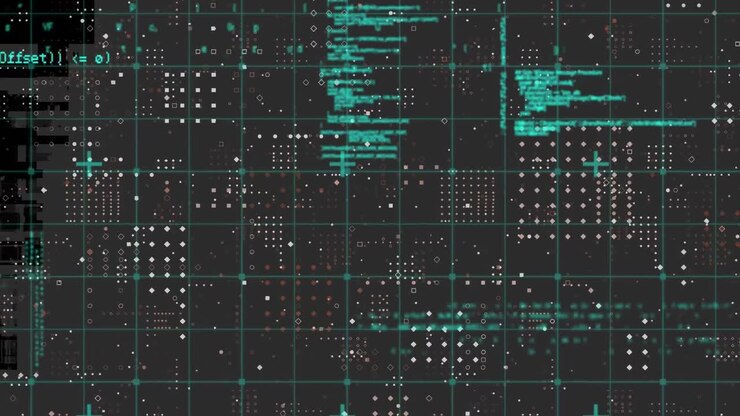 Animation of data processing over grid network against rows dots pattern on grey background