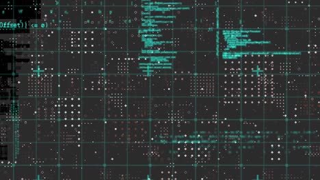 animation of data processing over grid network against rows dots pattern on grey background