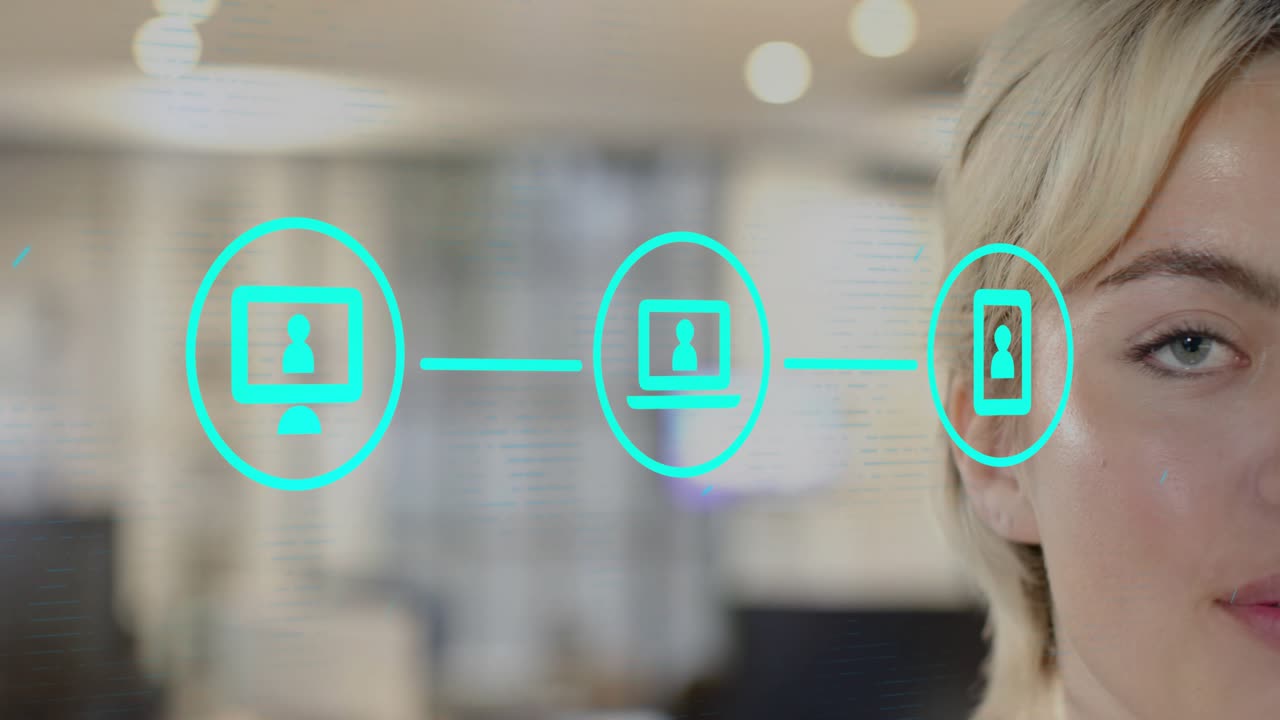 Woman turning in office, teal icon appearing and forming PC laptop phone chain for collaboration