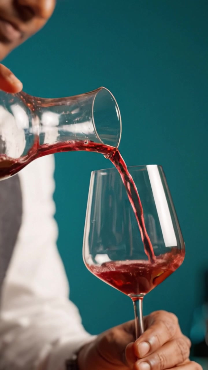 Versando un ricco vino rosso in un elegante bicchiere, catturando l'arte della presentazione del vino con uno sfondo vivace, mettendo in mostra la bellezza delle bevande pregiate