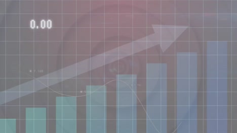 Animation-of-bear-face-over-arrow-on-graph-against-changing-numbers-and-graphs-with-circles