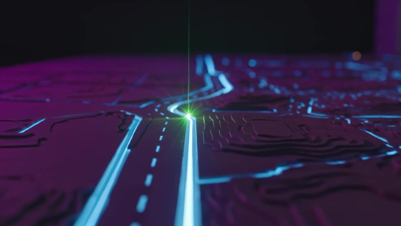 Tracciamento di un punto verde che appare e si muove lungo una strada ciano su un modello, evidenziando un'illuminazione viola-blu.