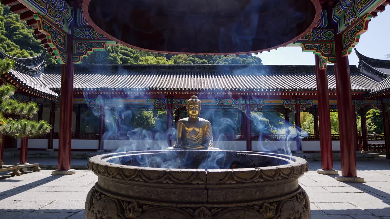 一段低角度拍攝的影片，展現寧靜的寺廟庭院與莊嚴的金色佛像。