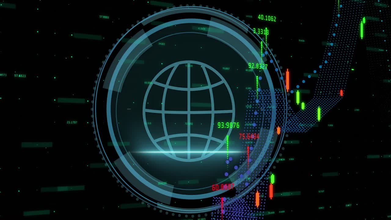 animación del procesamiento de datos financieros sobre el banner de texto de seguridad cibernética y el icono de escudo de seguridad