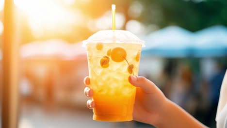 woman enjoying refreshing iced tea with fruit and ice in a plastic cup with straw at a summer outdoor festival, blurred background with warm sunset light