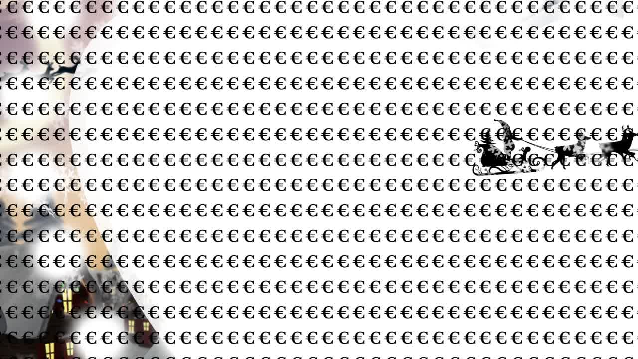 Animation of christmas santa claus in sleigh with reindeer and snow falling with euro signs