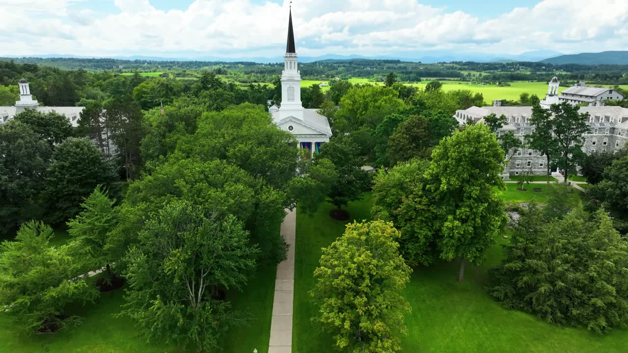 Descending over Middlebury's common area in Summer