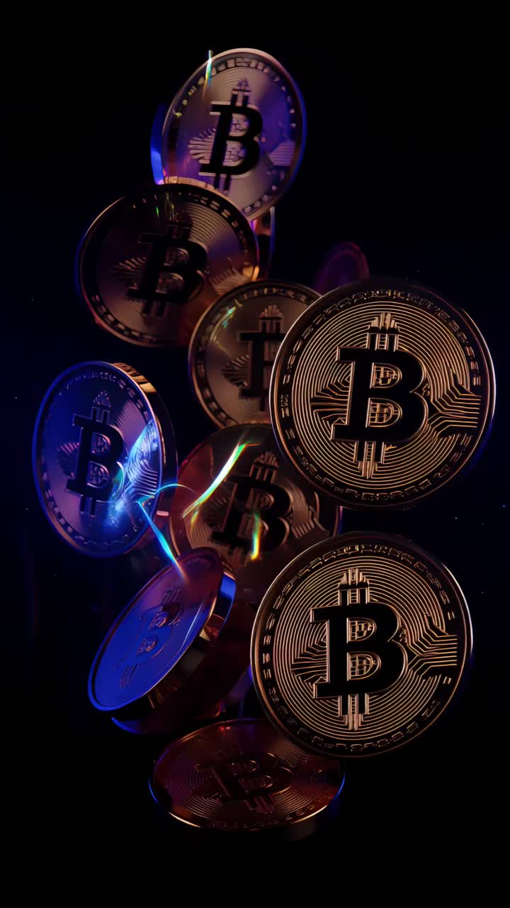 Animazione rotante di Bitcoin dorato su sfondo scuro, criptovaluta cinematografica 4K.
