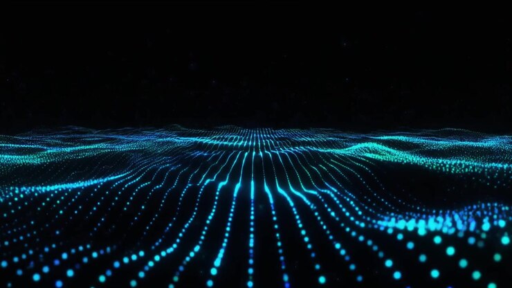 Sfondo astratto con movimento di onde di particelle digitali blu