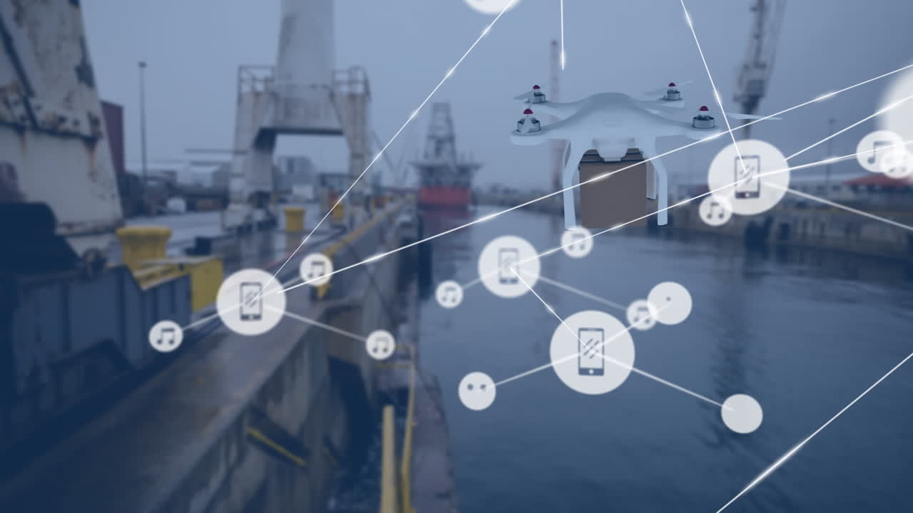 패키지를 운반하는 드론을 통해 아이콘으로 연결된 네트워크의 애니메이션