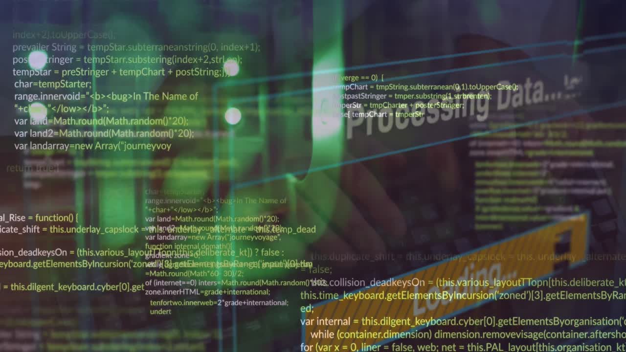 Animation of texts, bar, computer language, cropped hands of caucasian man typing on keyboard