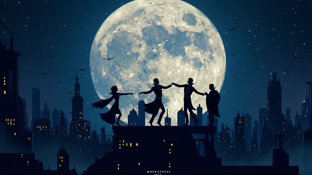 Una danza stravagante sotto l'enorme luna: un gruppo in silhouette contro un cielo notturno stellato con un paesaggio urbano illuminato dalla luna sullo sfondo, che celebra gioia e libertà.