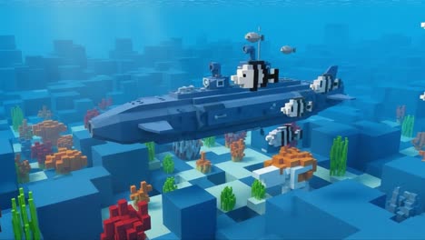 an underwater adventure featuring a pixelated submarine surrounded by colorful marine life in a vibrant ocean environment with beautiful coral reefs and playful fish